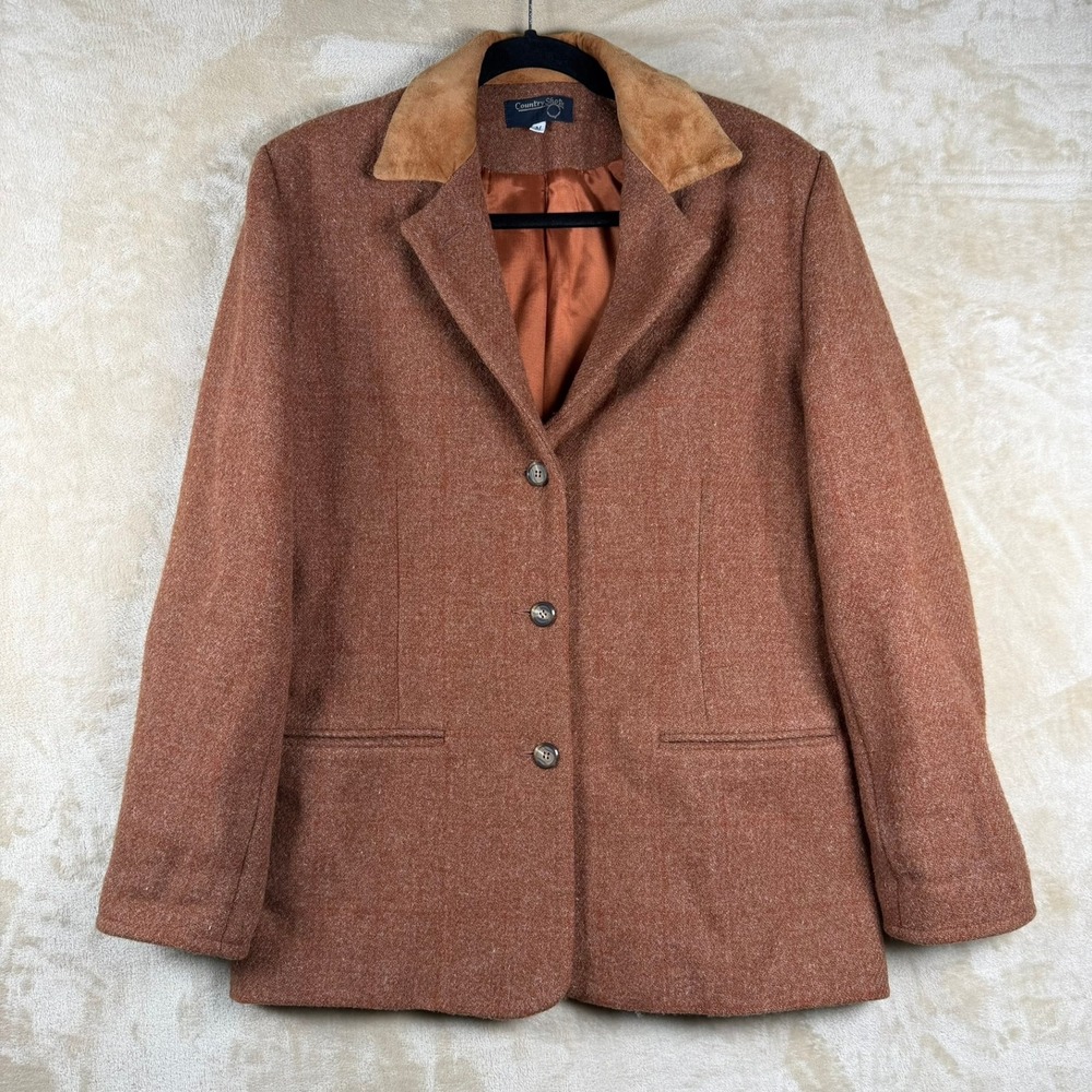 Country Shop Harris Tweed Wool Blazer Jacket Rust Orange Suede Collar Womens M